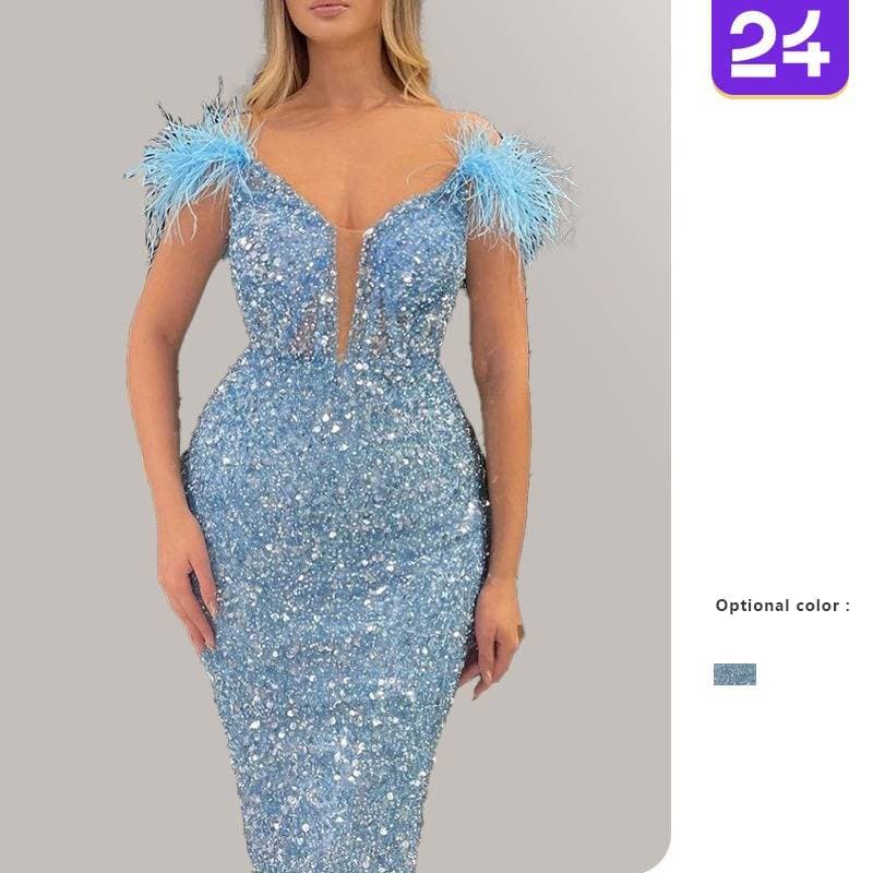 Elegant Deep V Neck Sequin Feather Evening Gown With High Waist & Slit – Stunning Party Dress For Women In Sky Blue