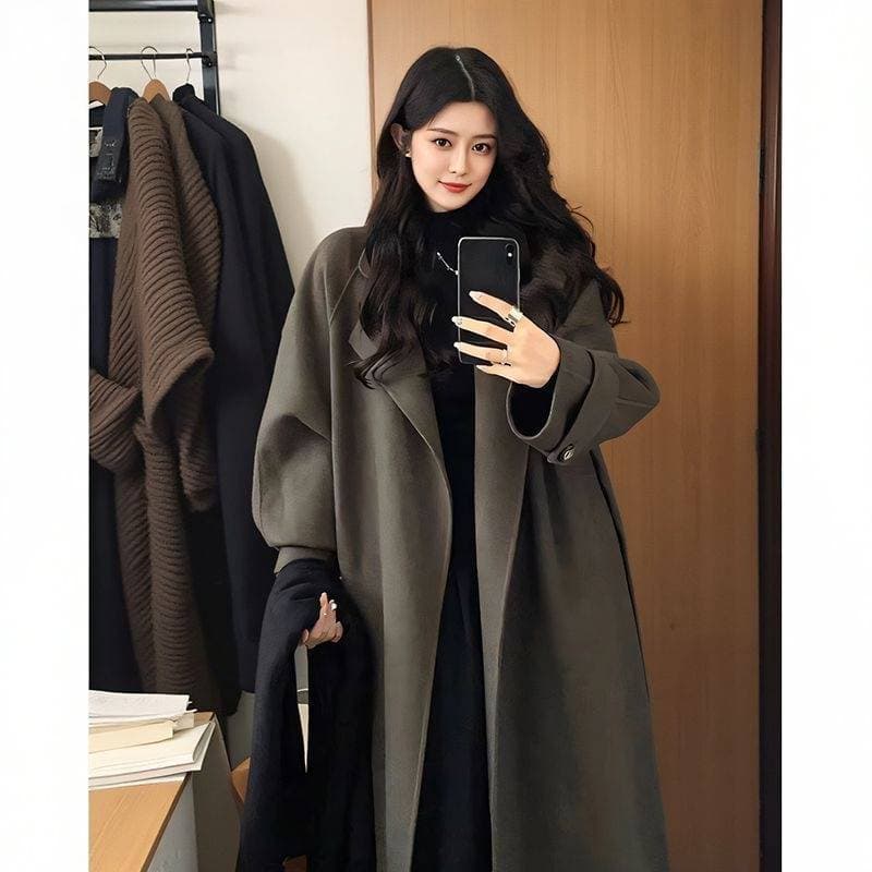 Korean-Style Women’s Oversized Wool Coat – Mid-Length Chenille Fabric, Plush Collar, Olive Green/Black