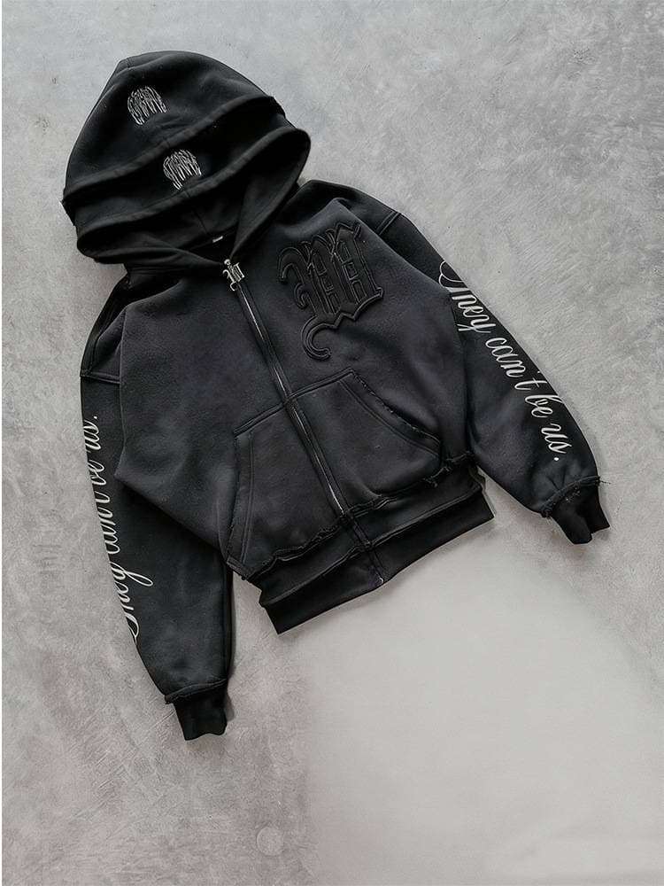 Ensemble streetwear – Sweat à capuche zippé effet usé et pantalon taille basse stretch, tenue style Harajuku