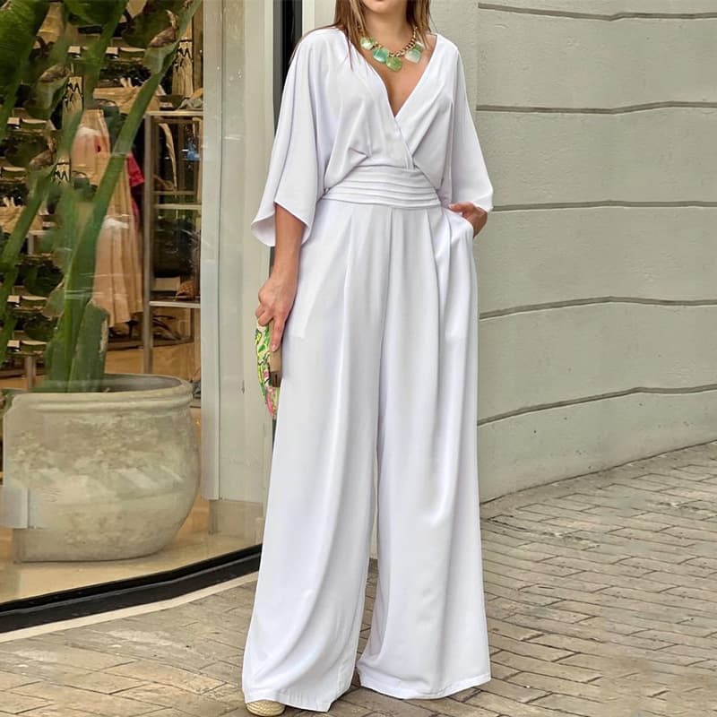 Women's 2023 temperament elegant v-neck bat sleeve wide-leg solid color simple fashion jumpsuit