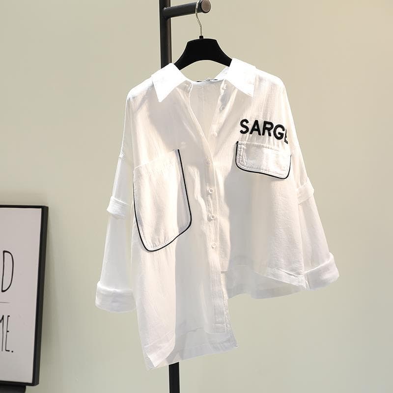 Women's Clothing White Embroidered Letters Irregular Cotton And Linen Shirt Women's Spring And Summer New Version Loose Casual Shirt Tops