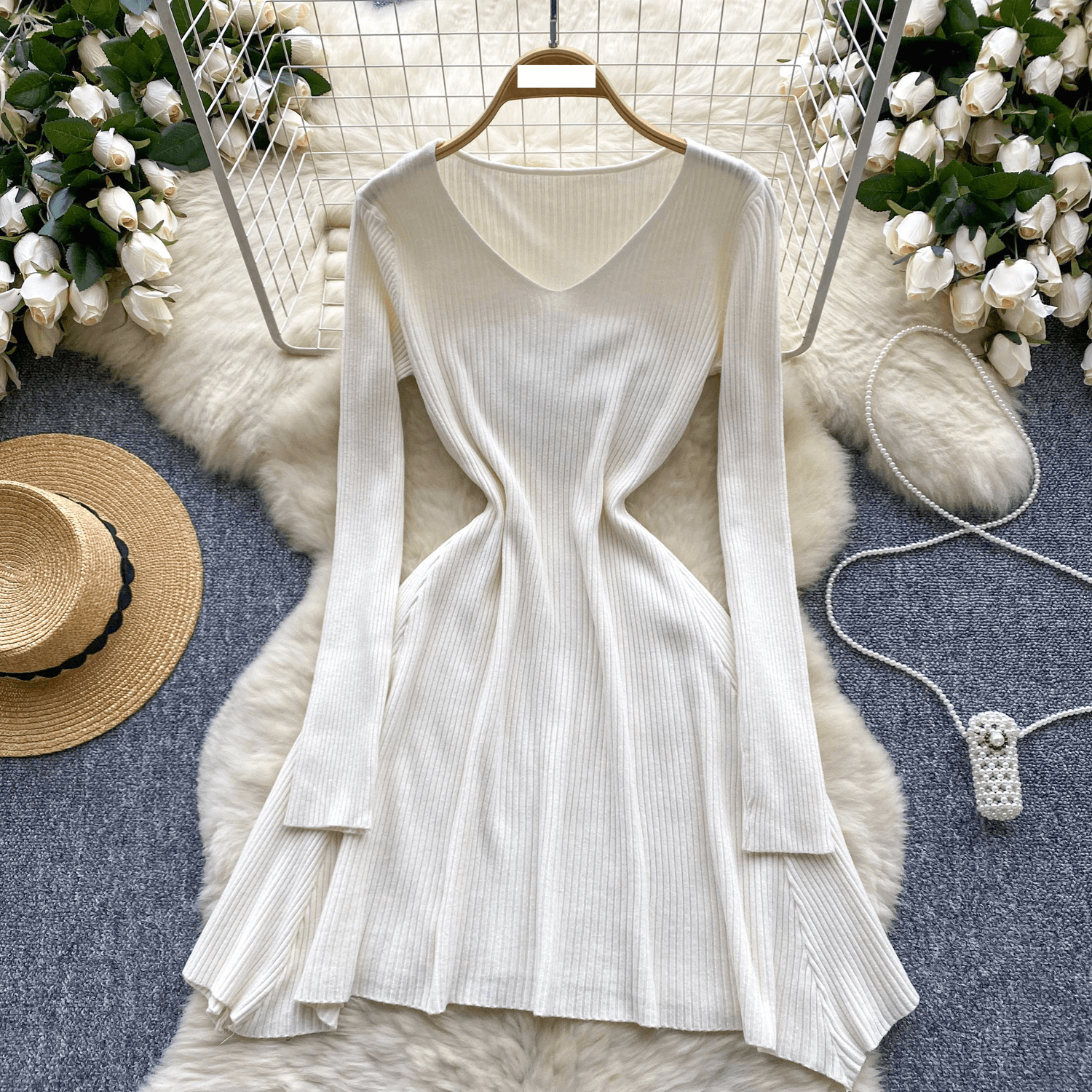 Women's Clothing French light luxury high end solid color knitted dress for women autumn and winter V neck waist design niche temperament long skirt