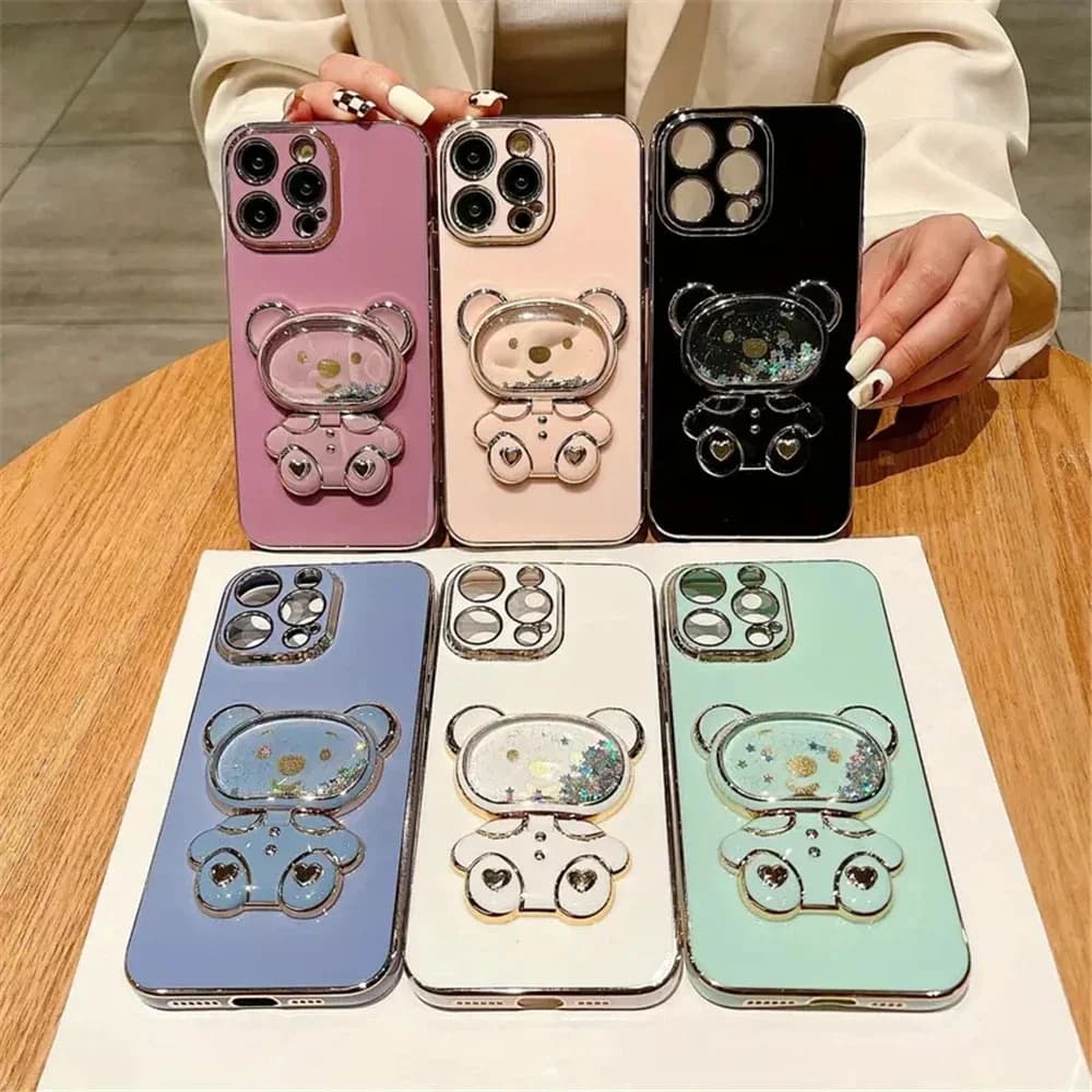 Fashion Luxury Plated 3D Bear Holder Phone Case For IPhone 16 Pro Max 15 Plus 5G For Shockproof Silicone Protector Cover