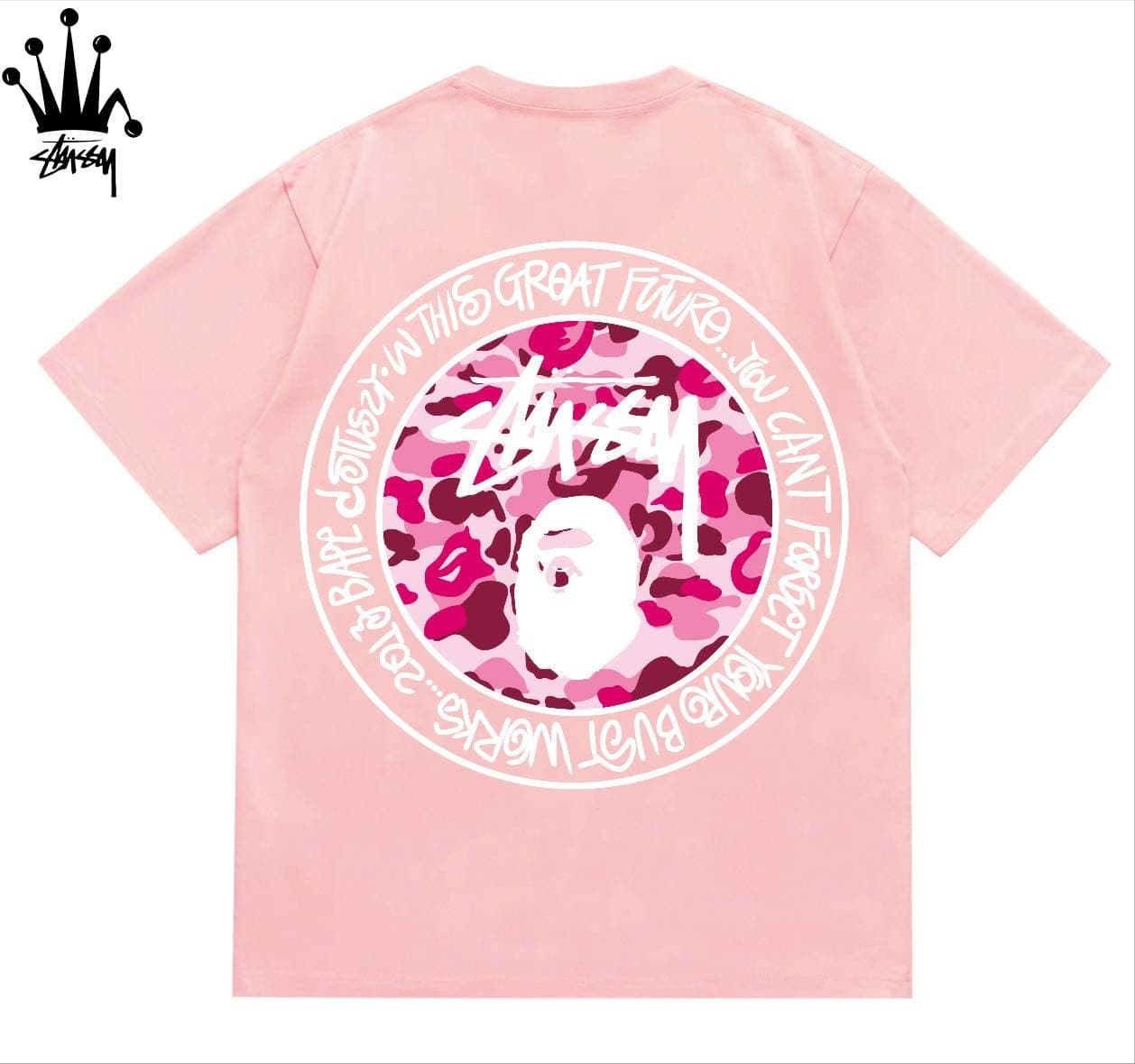 Stussy&Ape Collaboration Design With Circular Logo, Lettering, Ape Man Pattern, Printed Pure Cotton Short Sleeved T-shirt, Unisex