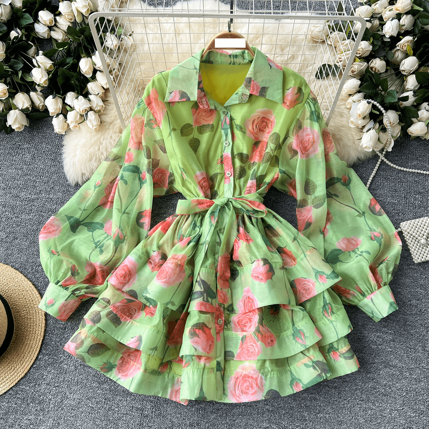 Women's Clothing small dress for women 1 tie waist polo collar lantern sleeves ruffled fluffy print dress