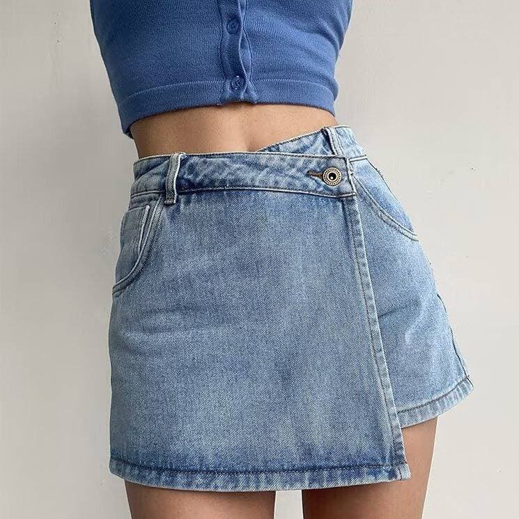 High-Waisted Korean Style Denim Mini Skirt For Women With Side Buckle And Irregular Panel Perfect For Summer