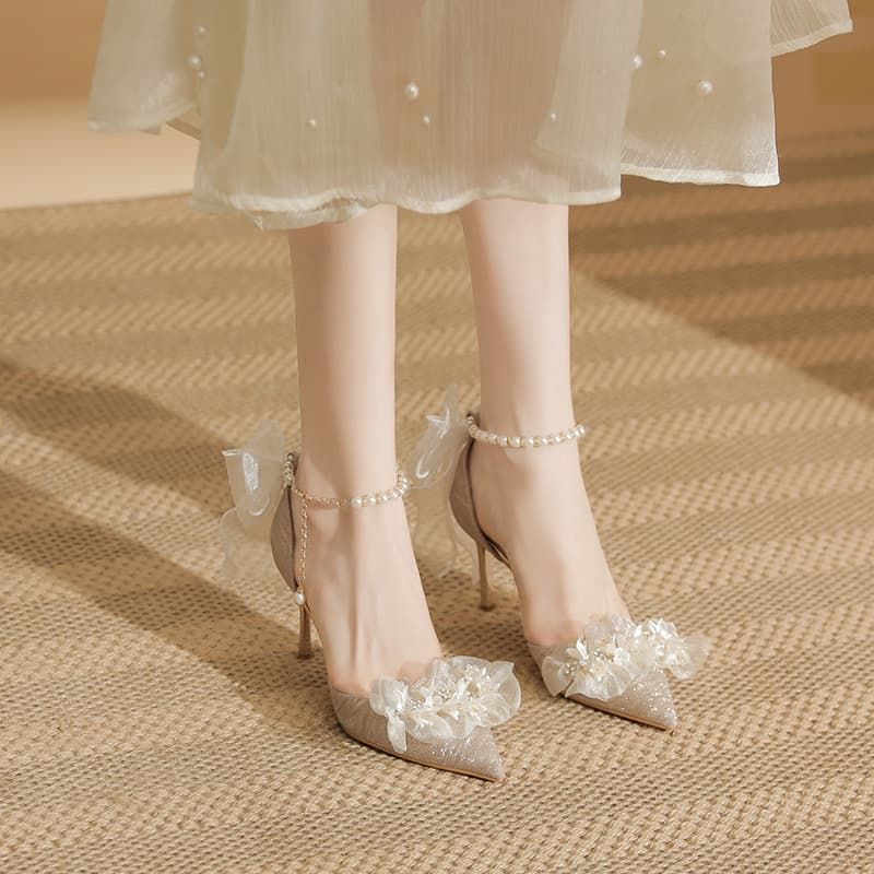 Women's Shoes Mid Heel Versatile Rhinestone Pumps For Wedding Party Shoes Versatile Rhinestone Sexy Backless Pearl & Rhinestone Butterfly Decor