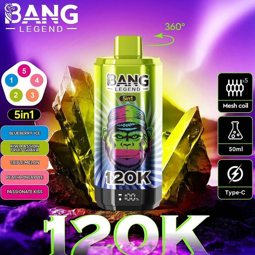 1 Bang Legend 120000 bouffées 120k Charge rapide Type-C Cigarette électronique jetable rechargeable 6 saveurs en 1