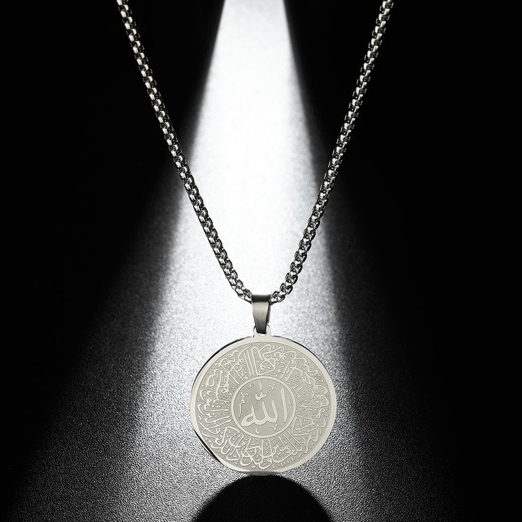 Round Muslim Arabic Pendant Necklace for Men Women Box Chain Stainless Steel Shahada Islam Quran Amulet Jewelry