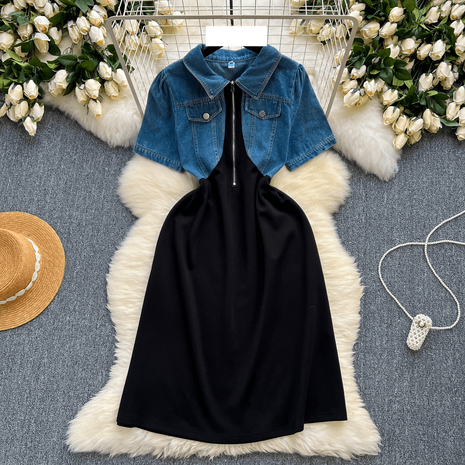 Women's two-piece contrast color stitching zipper slim fit mid-length dress