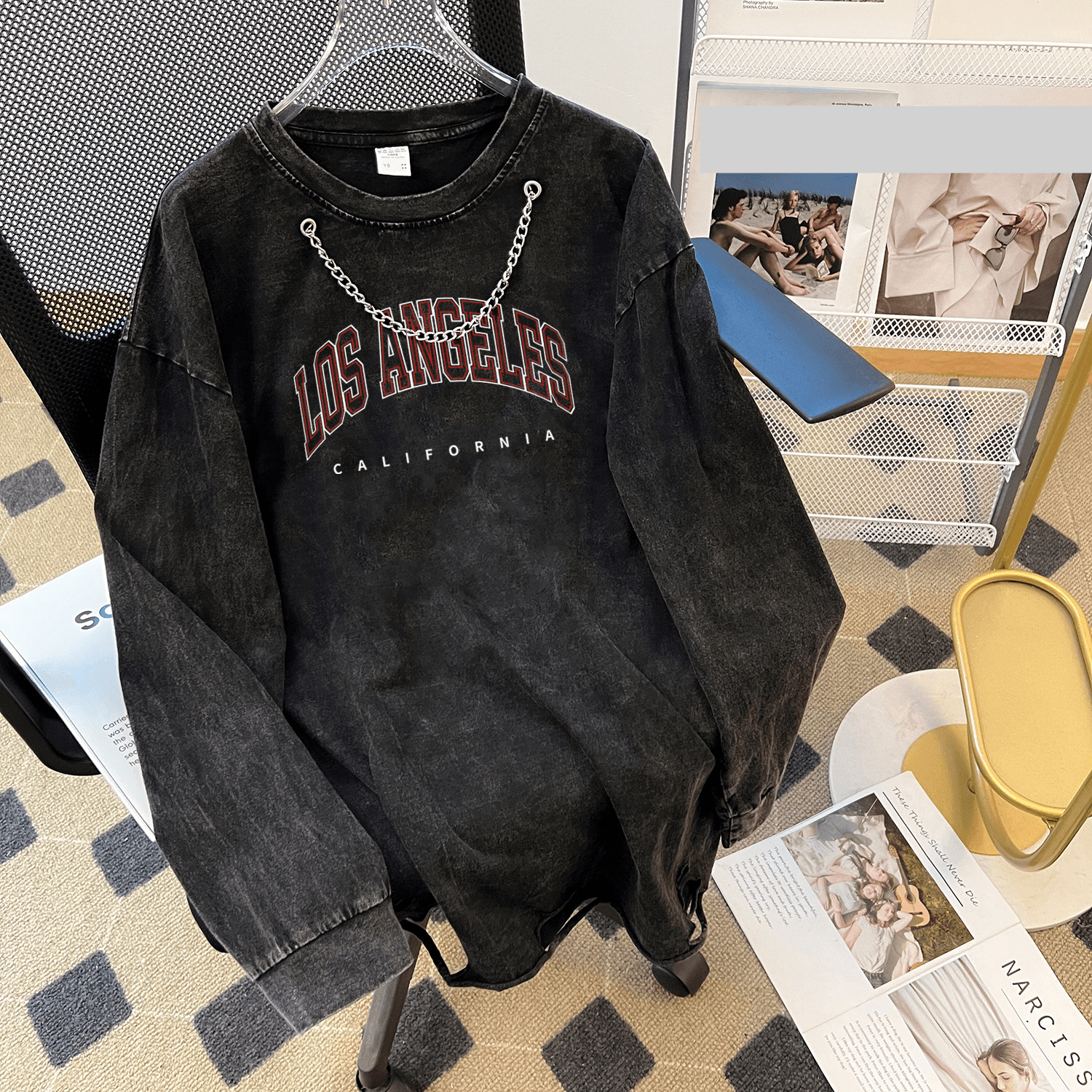 Women's Clothing New washed long sleeved ripped cotton water distressed women's loose design retro style national tide ins top necklace