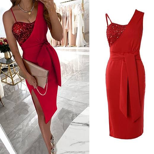 Women's New Solid Color Fashion Sequin Dress One-shoulder Suspender Evening Dress Dress