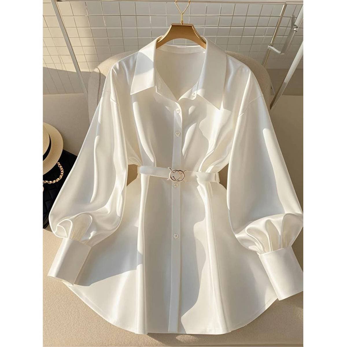 Women's Clothing Autumn New Temperament Waist Top Fat Light Luxury High End Sense Of Age Reducing White Long Sleeved Shirt For Women