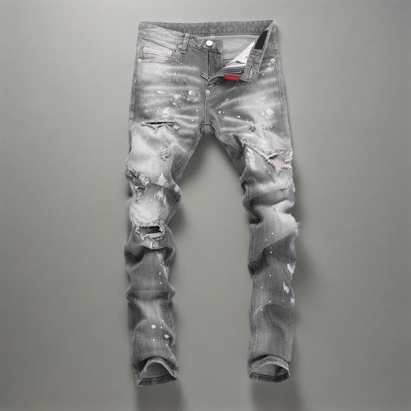 Men's Slim Fit Distressed Grey Denim Jeans With Patch Details - High Street Fashion Casual Trousers For Youth