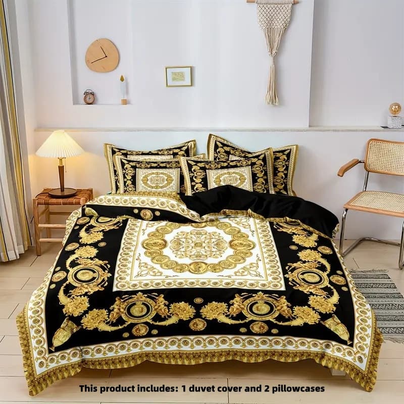 A53Black And Gold Luxury Printed Duvet Cover Quilt Cover In Soft Polyester Great For Bedroom And Guest Room Bedding