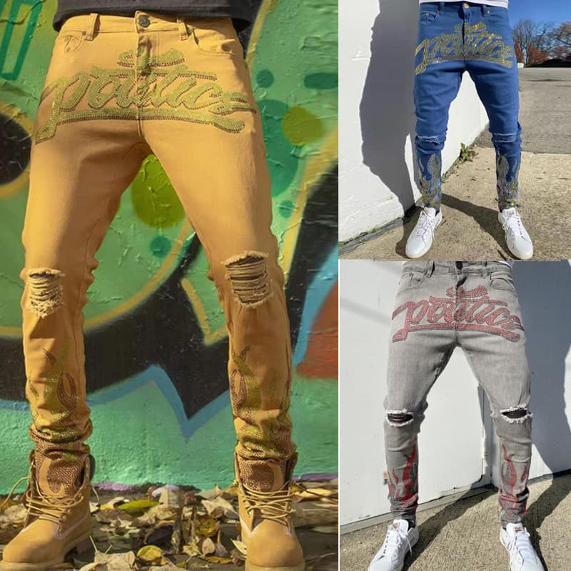 Men's Clothing Men's Jeans, Popular Hot Diamond Small Straight Pants, Trousers, Fashionable Men's Personality, Versatile Men's Clothing
