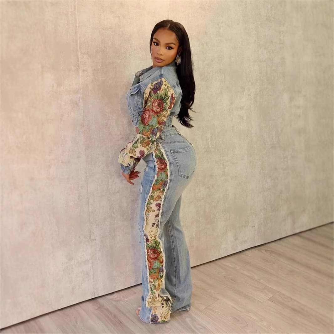 Women's Clothing Autumn And Winter Fashion Printed Color Matching Denim Jacket Jeans Two Piece Suit