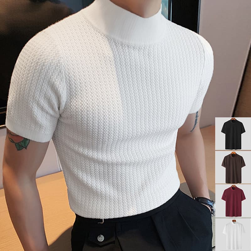 2024 Summer New Casual Simple Knitted Bottom Shirt For Men's High Collar Water Wave Solid Color T-shirt