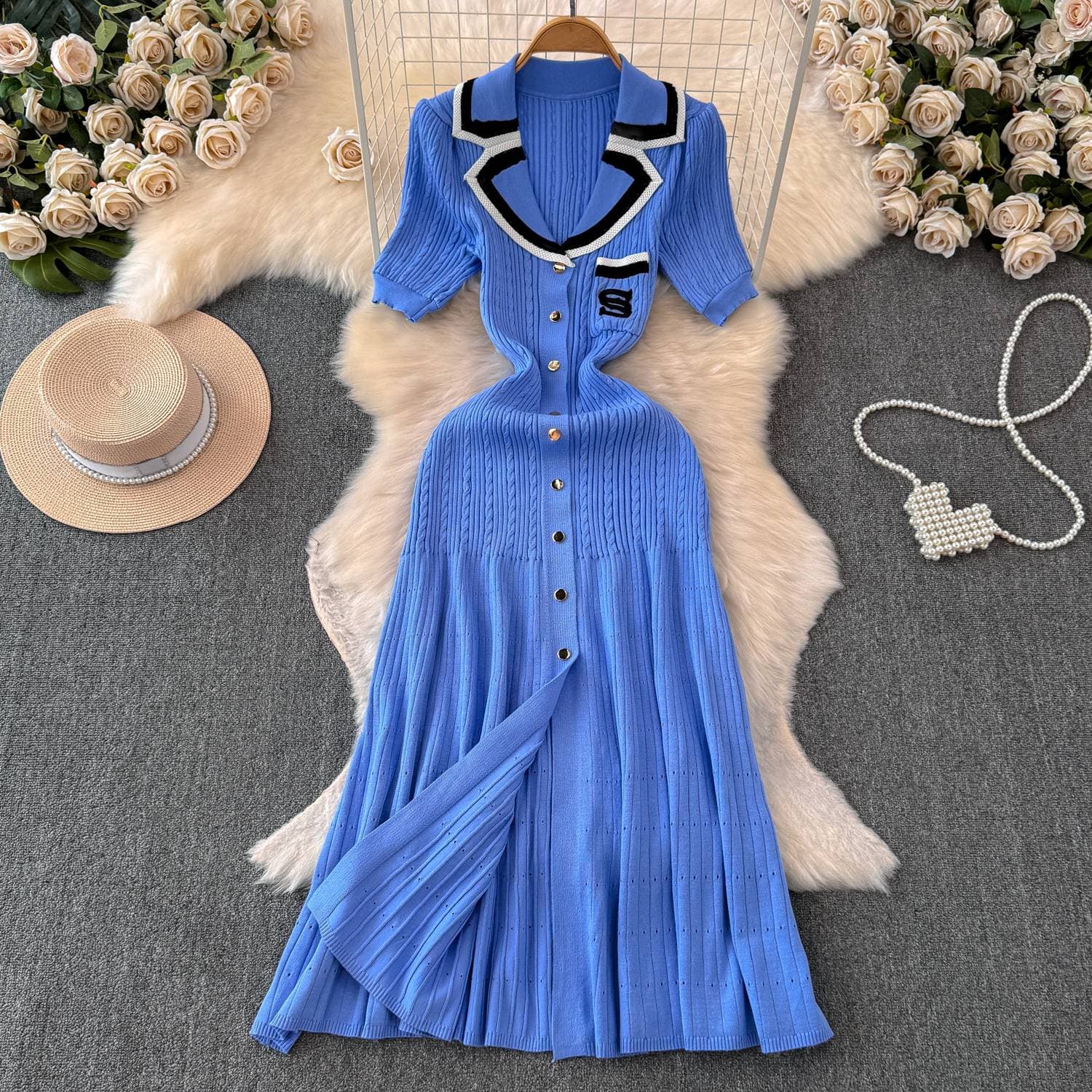 Women's short-sleeved contrasting color embroidery suit collar waist slim single-breasted A-line knitted dress