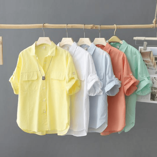 Women's Clothing Cotton Short Sleeved Solid Color Shirt Summer New Outer Shirt Design Double Pocket Loose Thin Top For Women