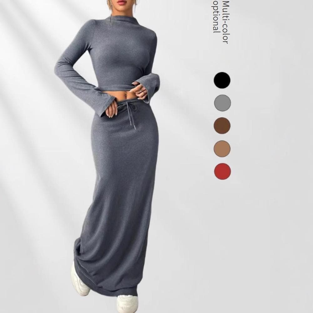 Elegant Women's Long Sleeve Top & High-Waist Pants Set - Soft Cotton Blend, Breathable & Comfortable For Office & Casual Wear