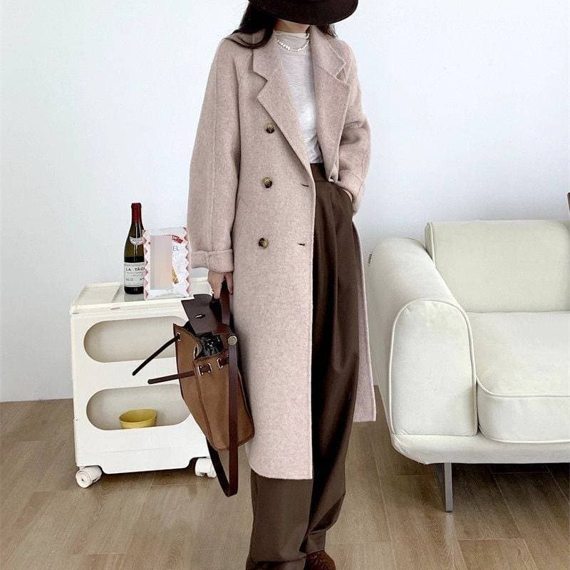 ​​Women's Mid-Length Wool Blend Coat – Korean Style Double-Breasted Winter Overcoat With Loose Fit​​
