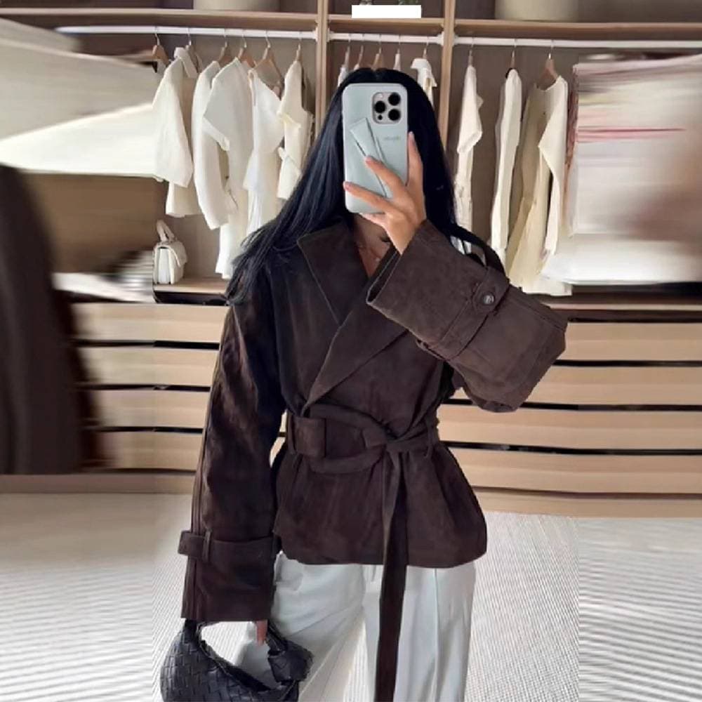 Women's Clothing Suede Belted Lapel Jacket Vintage Brown Suede Belted Lapel Jacket For Women – Autumn Fashion, Slim Fit, Short Length, Long Sleeves
