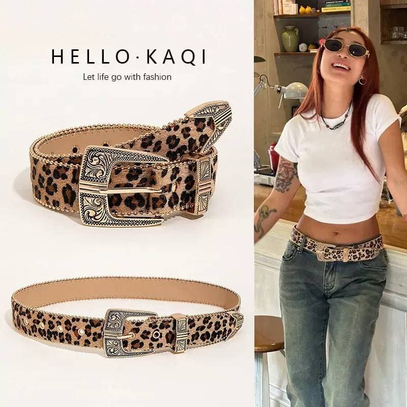Women's Belts Retro Leopard Print Belt – Western Metal Buckle Wide Strap (Y2K & Statement)​