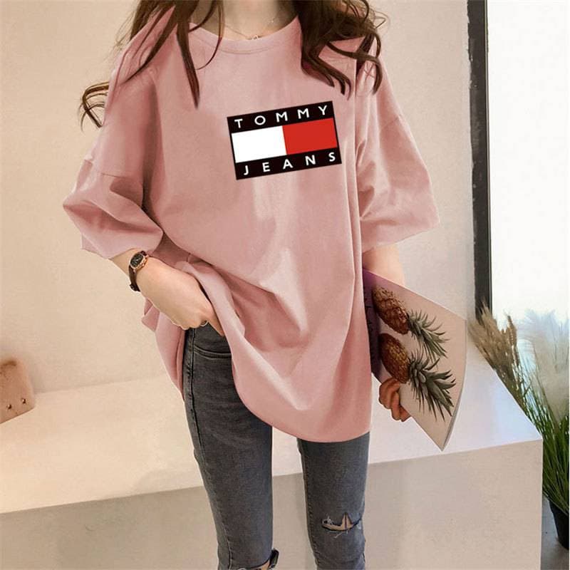 T-shirt mi-long imprimé pour femme, haut ample