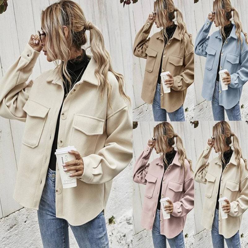 Turn-down Collar Single Breasted Solid Woolen Loose Jacket Pockets Long Sleeve Coat Casual Women Clothing Autumn Winter Warm New