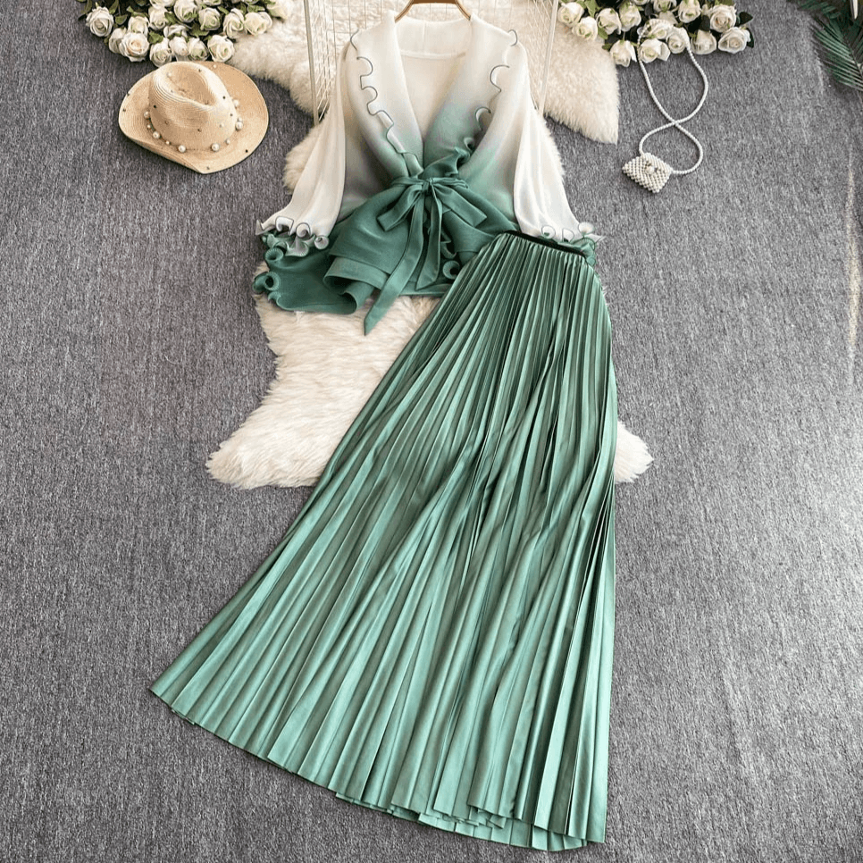 Women's Clothing Fashion Set High Grade Gradient Color Fungus Waist Top Two Piece Set High Waist Pleated Skirt