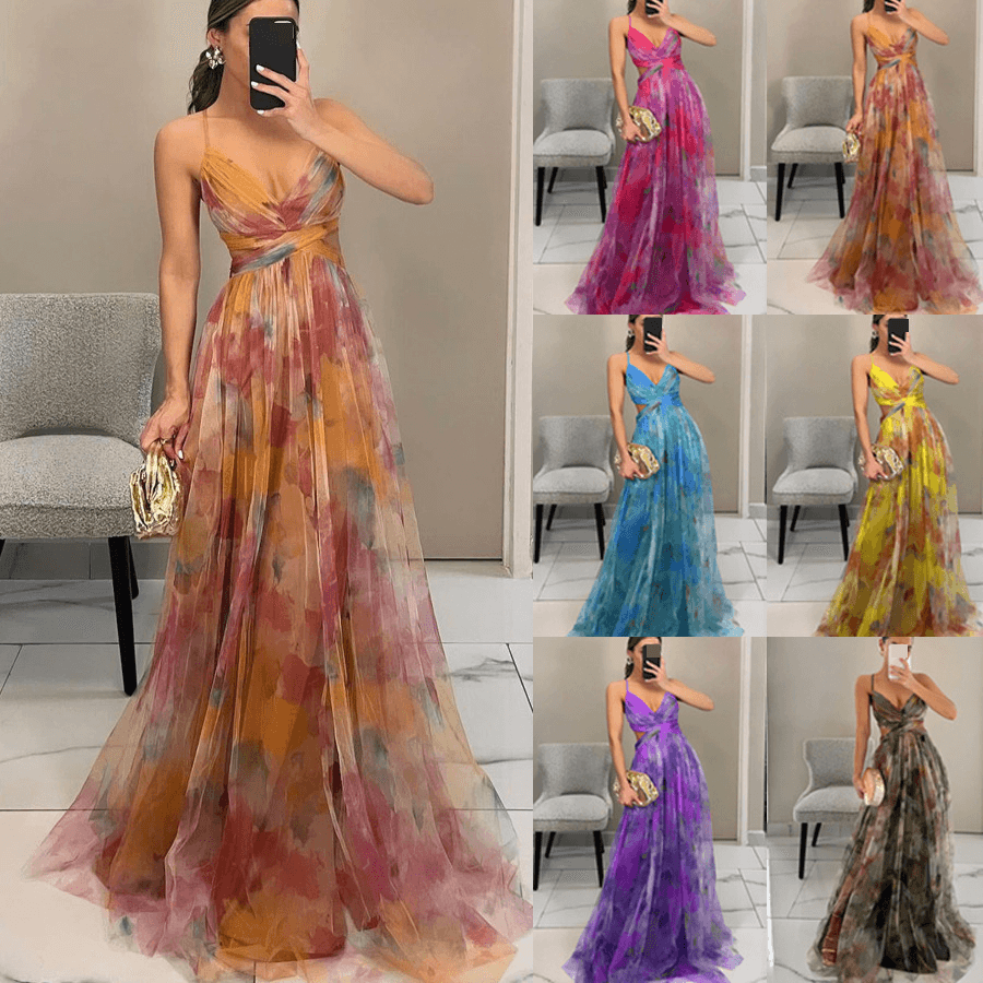 Women's Clothing Spring And Summer New Mesh Printed Suspender Dress INS Holiday Casual Party Dress