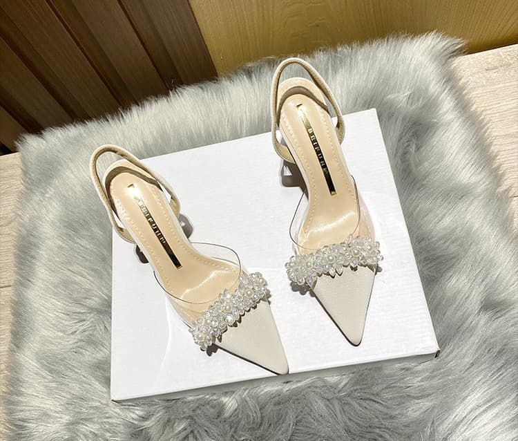 2026 Baotou Women's Summer And Spring Style French Transparent Pointed-toe Low-heeled White High-heeled Thin-soled Single Shoe
