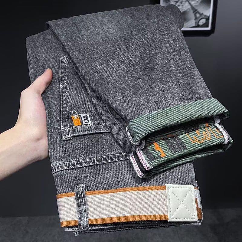 High end men's jeans for spring and autumn, versatile, trendy, elastic, small straight tube, cigarette ash printed, long
