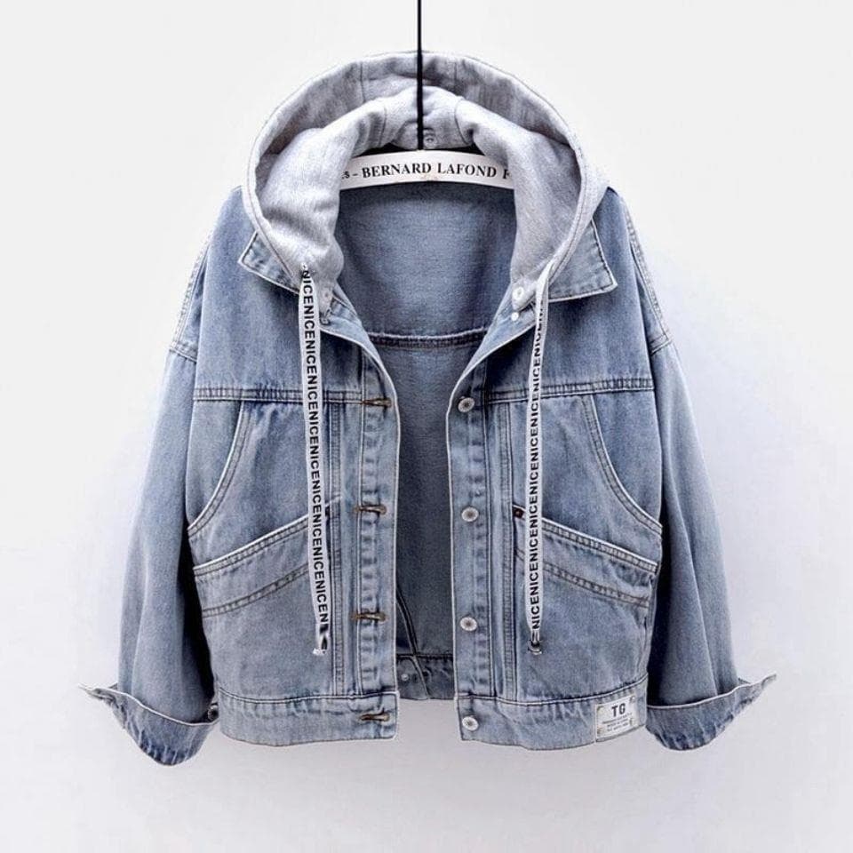 Women's Denim Jacket With Hood, Oversized Short Coat, Long Sleeve Multi-Pocket Casual Top For Autumn Winter