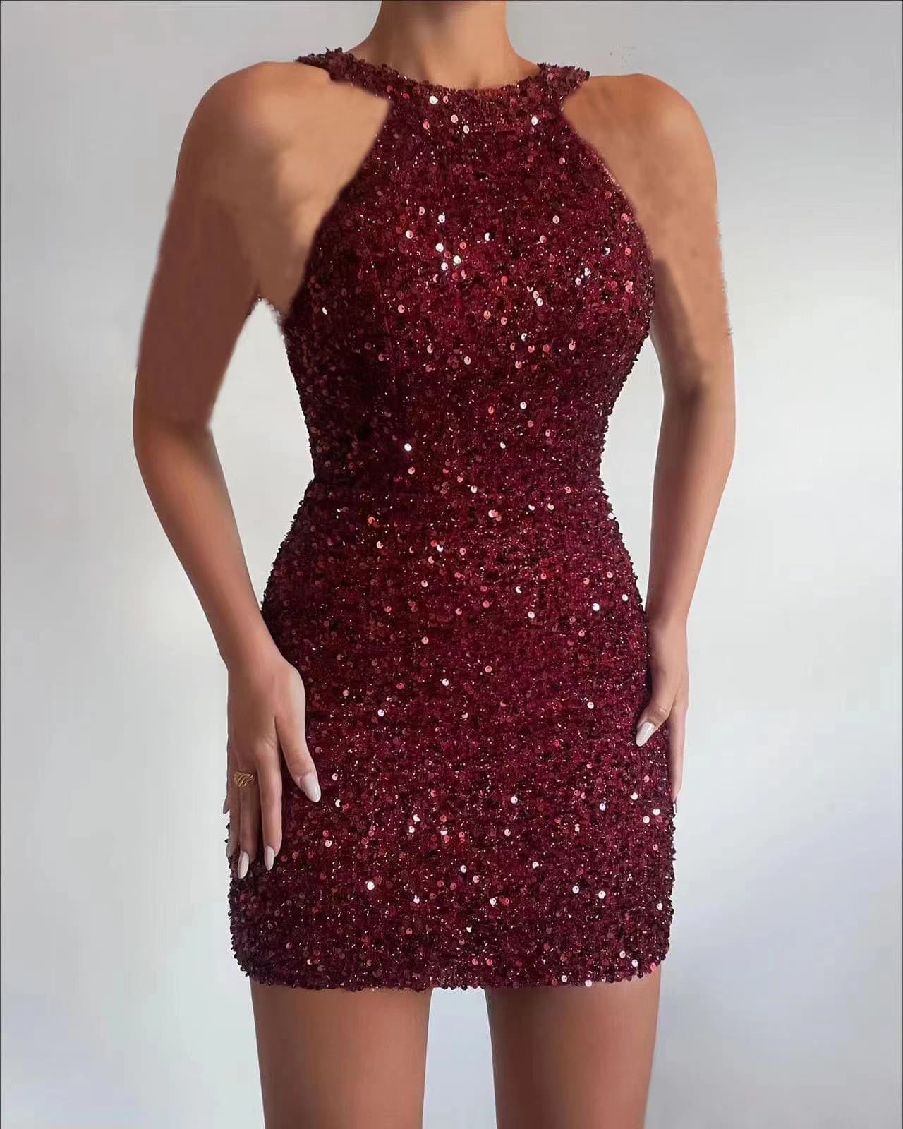 European and American cross border new fashion halter neck sexy crystal tassel hip sequin dress mid waist evening dress