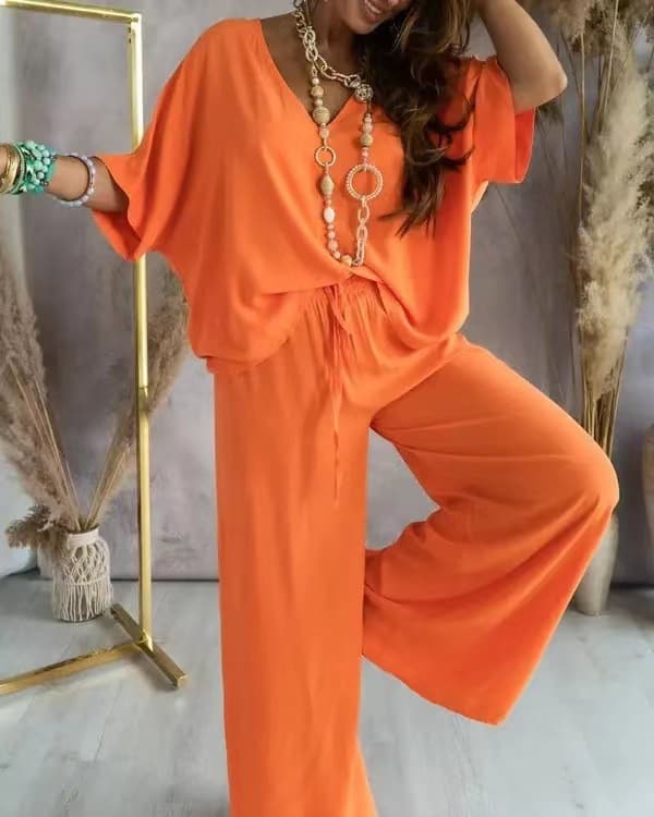 Women's fashion V-neck bat sleeve casual loose wide legs pantsuit