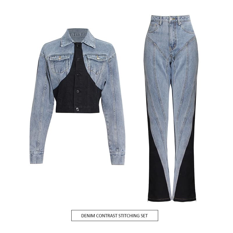 Women's Clothing two piece suit 2024 new style patchwork short denim jacket + high waist straight leg trousers suit