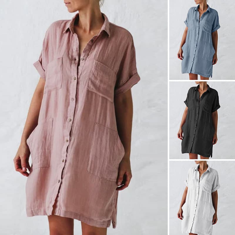 plus Size Cotton Hemp Long Sleeve Shirt Dress With Irregular Pocket For Women