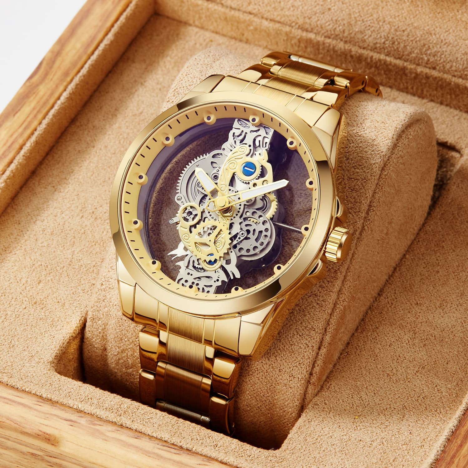 New light luxury men's double-sided transparent skeleton automatic mechanical watch waterproof luminous quartz watch