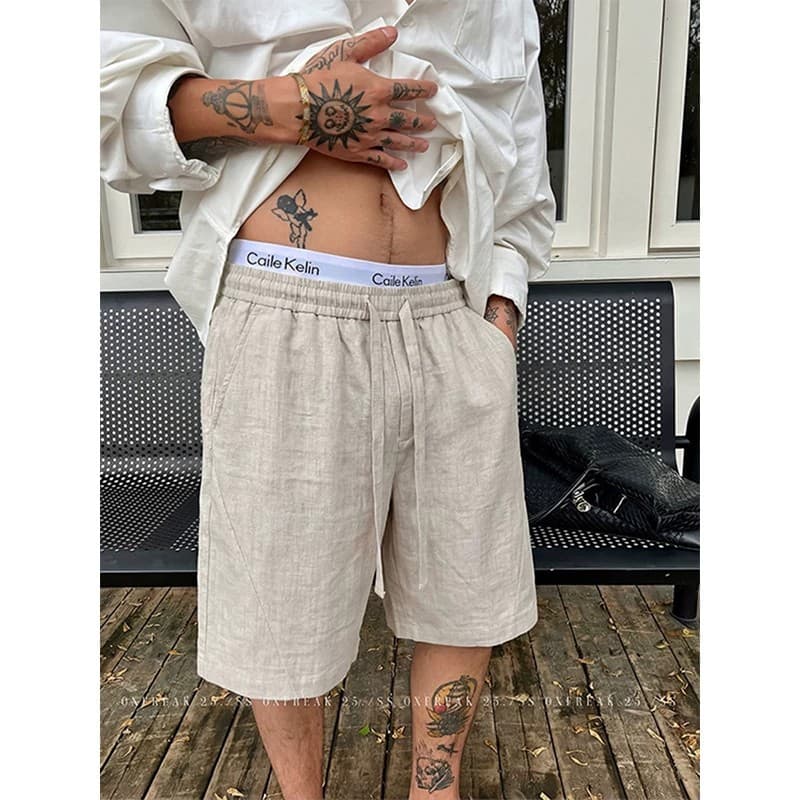 Men's Minimalist Old Money Style Athletic Shorts Faux Linen Texture Summer Elastic Waist Loose Fit Breathable Cool Feeling Five Point Pants