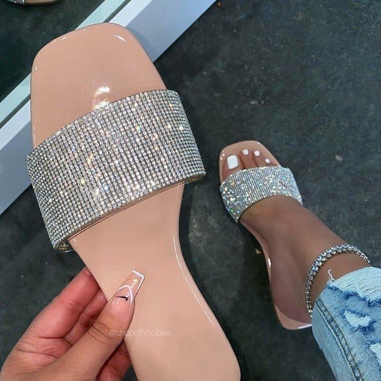 Plus Size Women's Flat Slippers Casual Square Toe Sandals Rhinestone Decorated Size 42 New Summer Style