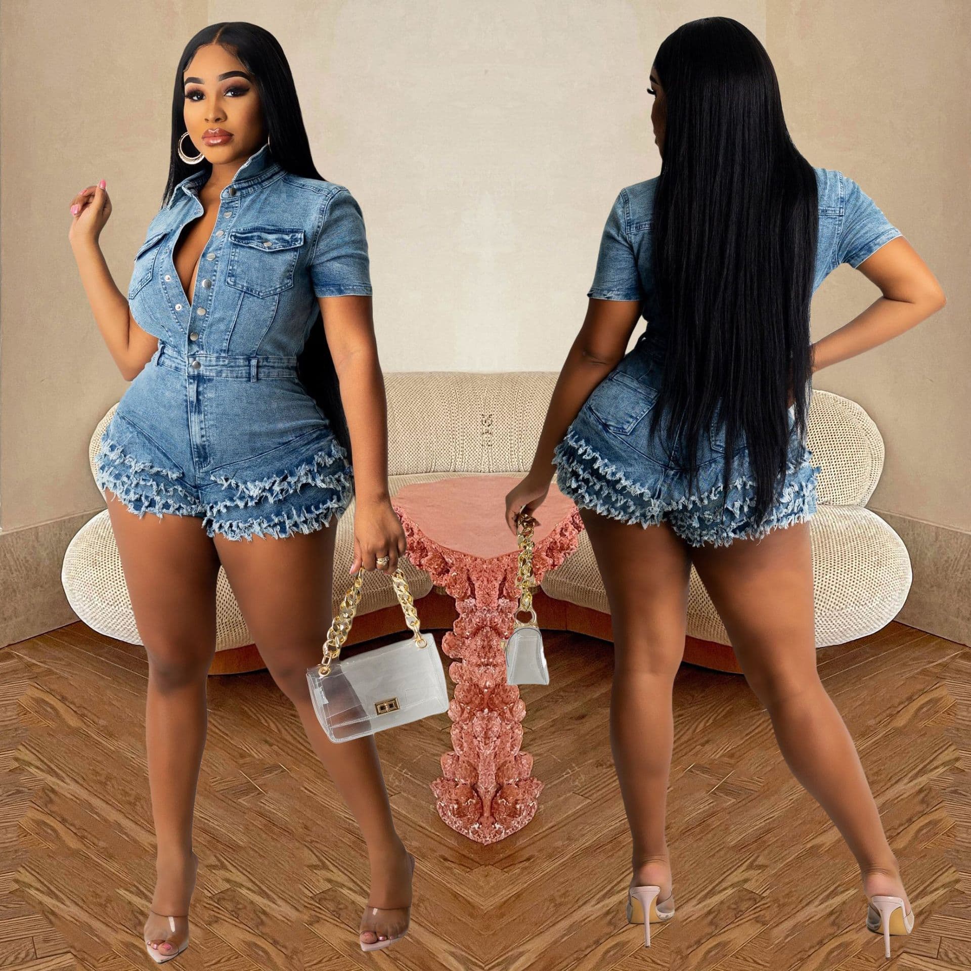 Women's Fashion Slim Denim Rompers With Fringe Fringe