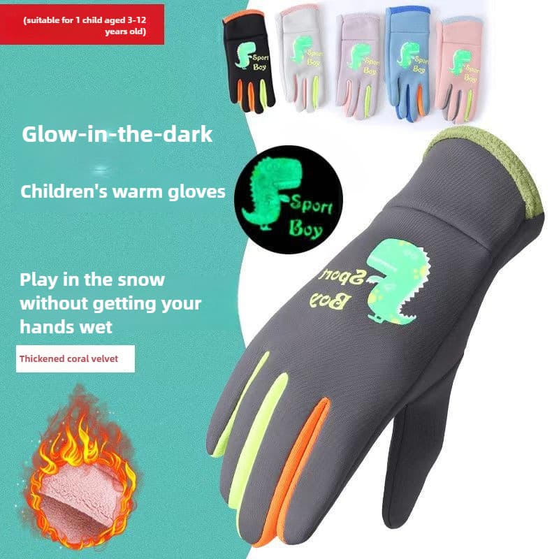 2025 Winter Boys And Girls Outdoor Cycling Skiing Snow Windproof Waterproof Cold Proof Velvet Luminous Warm Gloves