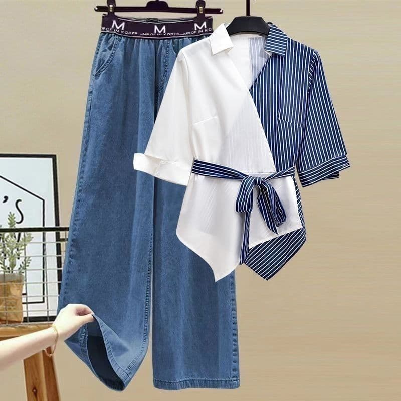 Women's Clothing 200 Pounds Fat Girl Summer Suit Female Splicing Two Piece Shirt Slim Matching Two Piece Suit