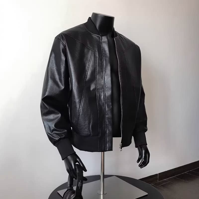 Men's Black Deconstructed PU Leather Jacket Cleanfit Trendy Baseball Motorcycle Jacket Spring