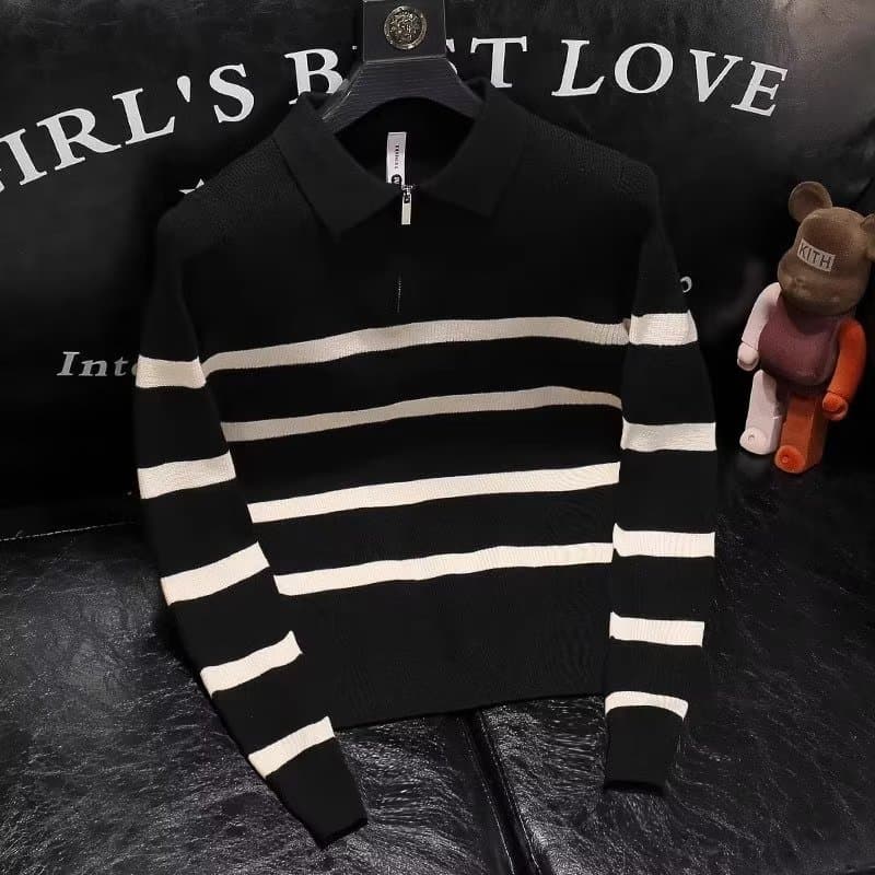 Men's Clothing color striped knitted long sleeved Polo shirt 2024 autumn and winter new style handsome casual lapel sweater men's trend