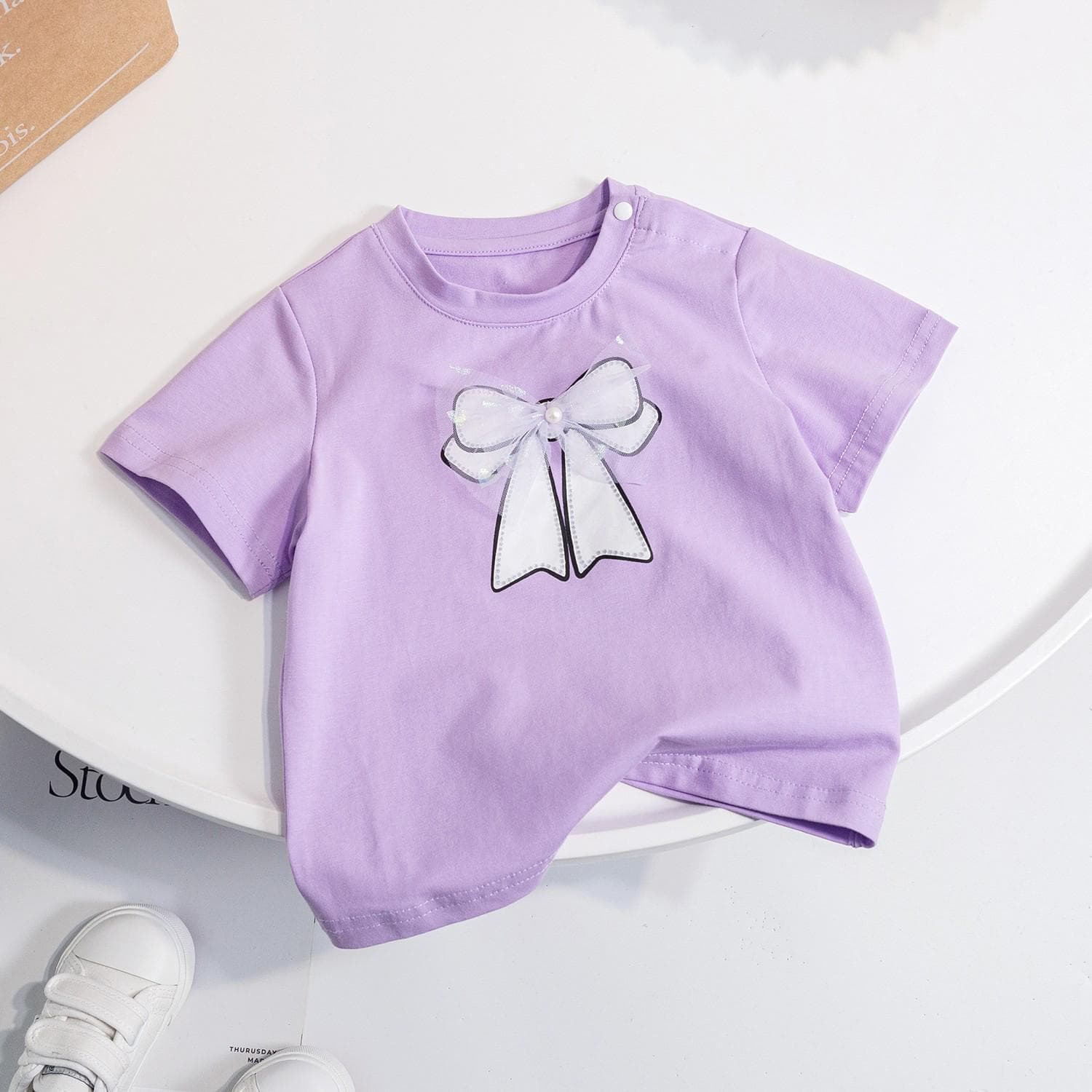 Baby Clothing Children's summer short sleeve candy color fashion simple bow small children short sleeve sweet T-shirt