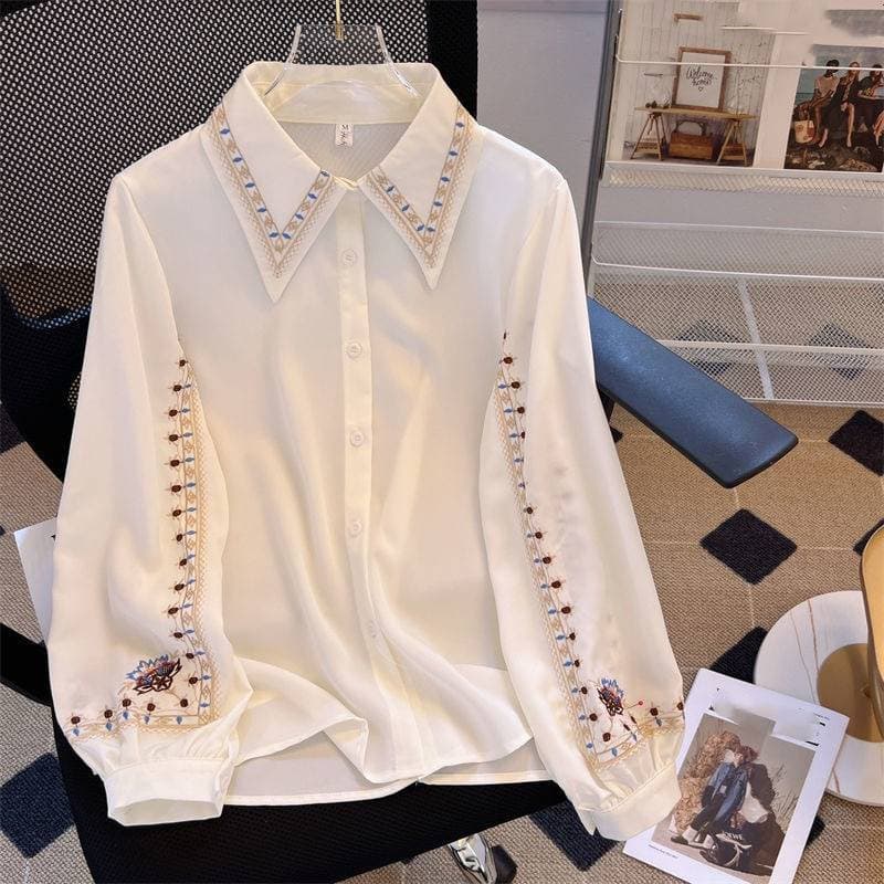 Women's Clothing Embroidered Long Sleeved White Shirt For Women New Spring And Autumn Design Niche Fashion Retro Temperament Versatile Shirt Tops