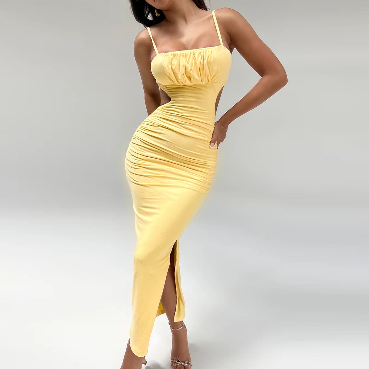 Women's Clothing Suspender Dress Backless Pleated Hip Wrapped Side Slit Long Dress